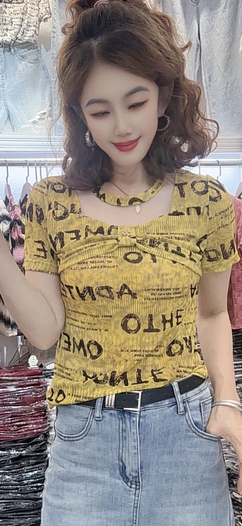 夏季新款镂空网纱拼接设计感十足印花蝴蝶结圆领短袖洋气25060