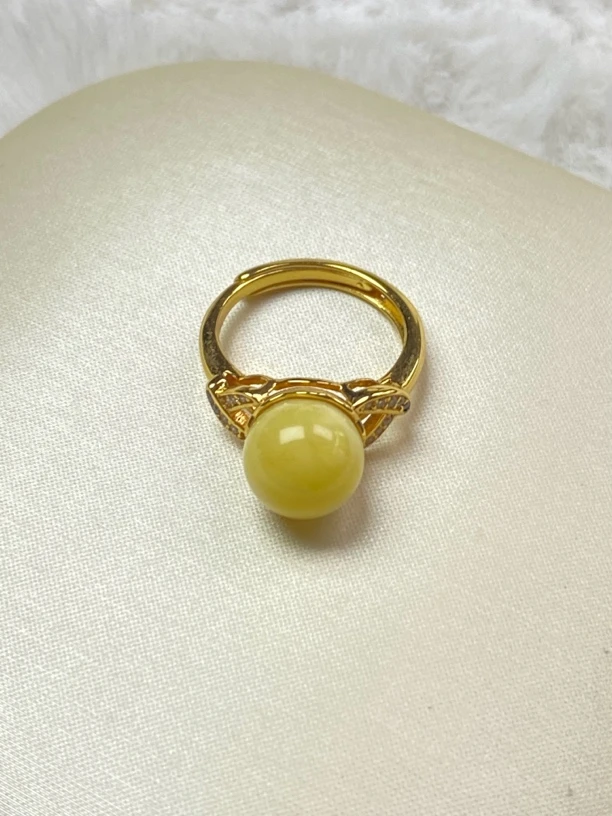 天然琥珀蜜蜡戒指银S925镀金