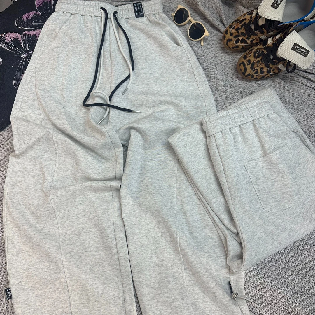 9201#春季新款松紧腰字母贴标抽绳设计两穿休闲裤阔腿裤高腰显瘦