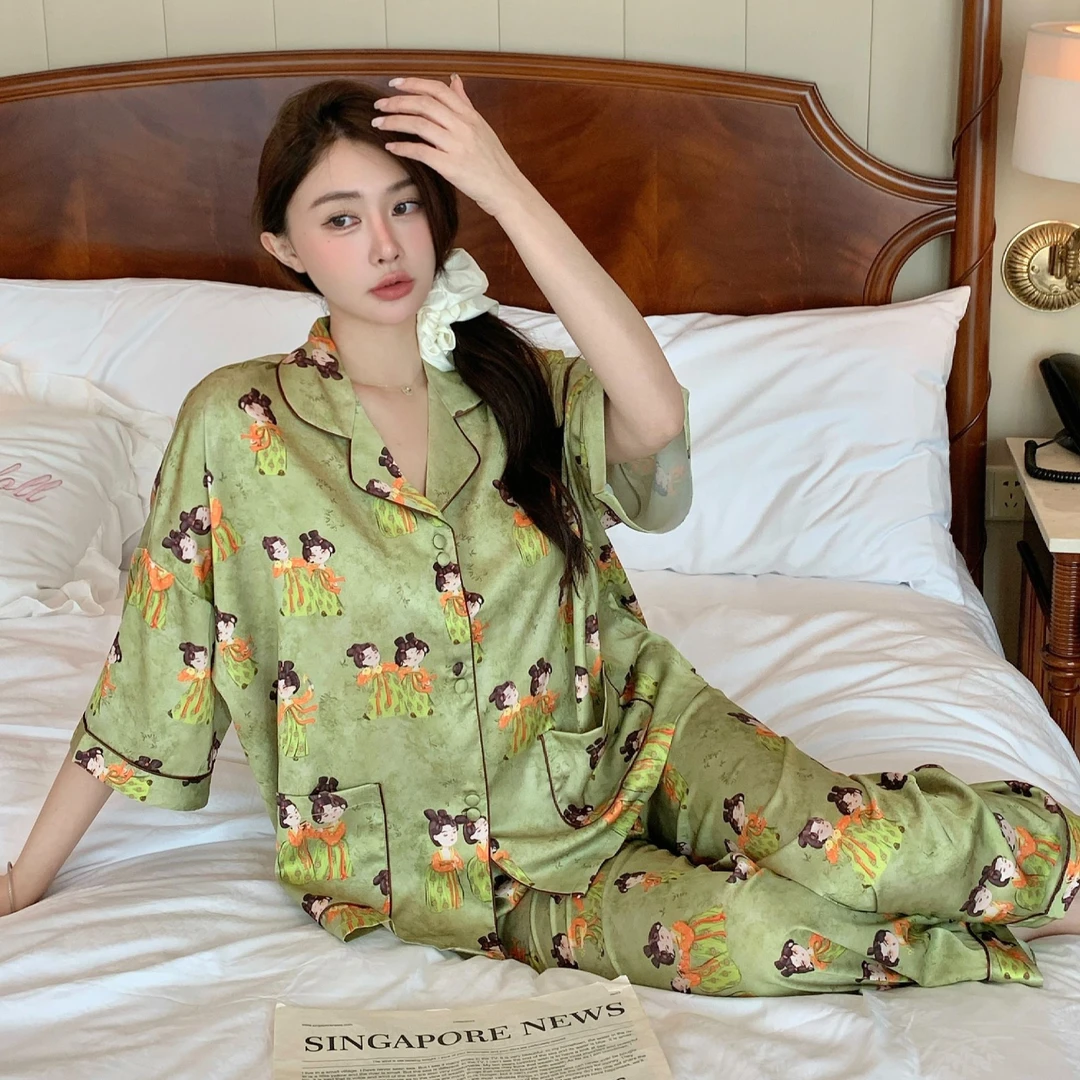 睡衣女款夏季薄款七分袖短裤家居服2025新款轻奢三件套可外穿