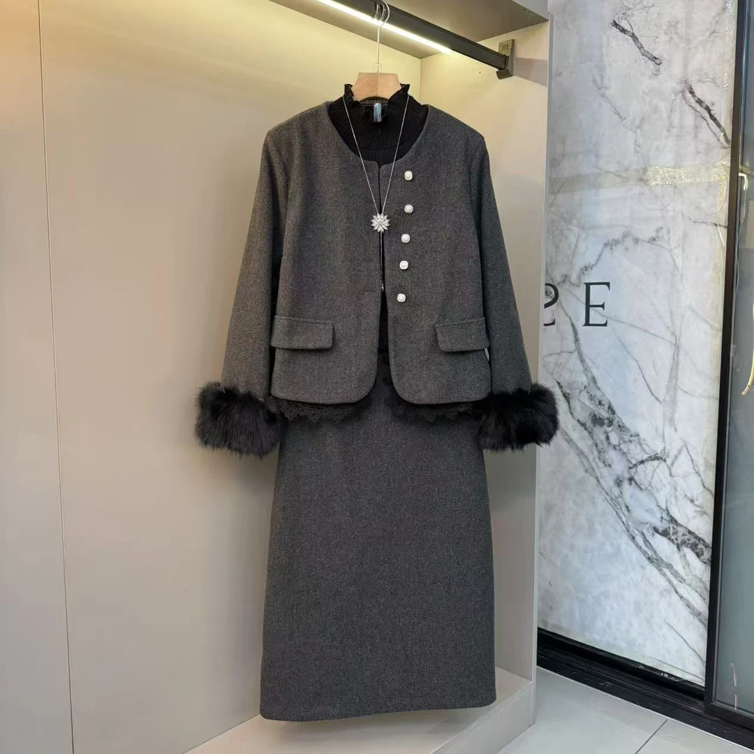 2025秋冬简约欧货高级洋气毛毛拼接微胖气质外套+半裙套装2035