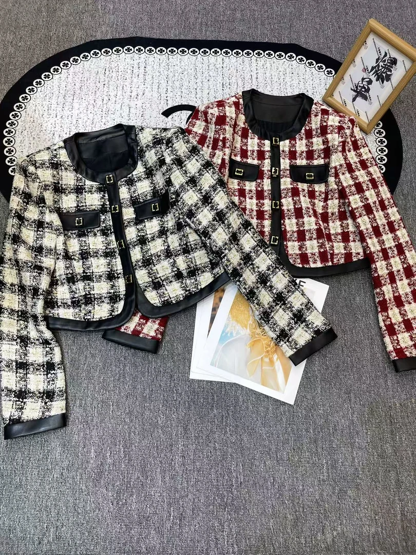 淑雅阁服饰  长袖防风短外套休闲冬季千鸟格极简风9526