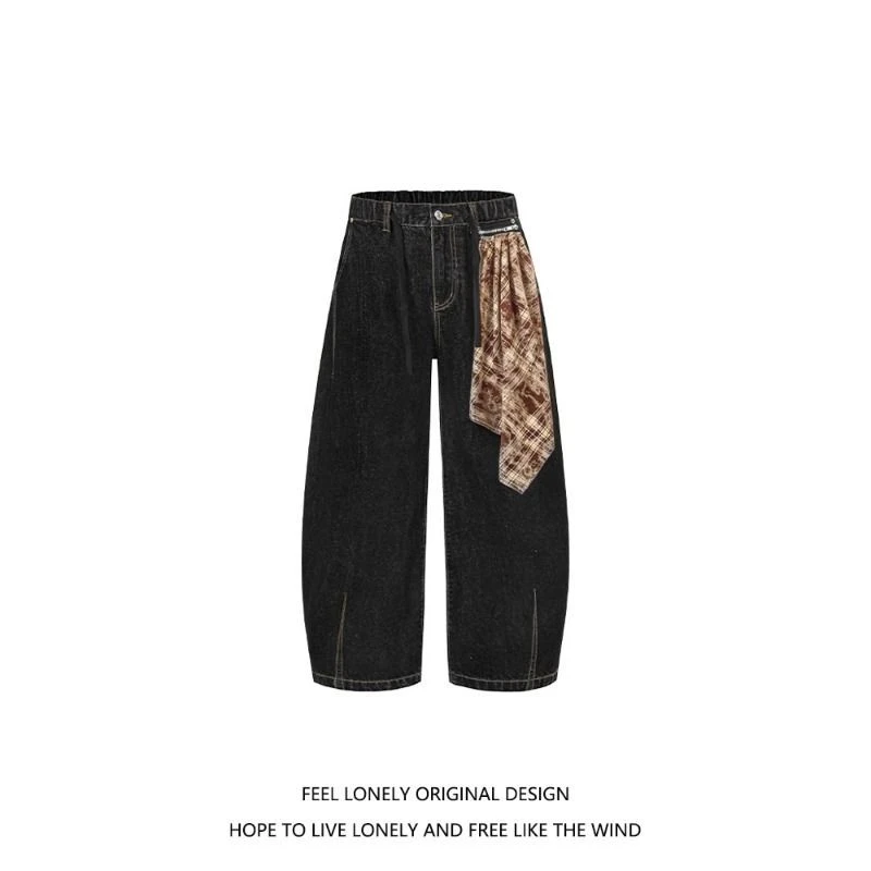 丹宁原色美式可拆卸方巾牛仔裤男女痞帅cleanfit阔腿裤高级感长裤