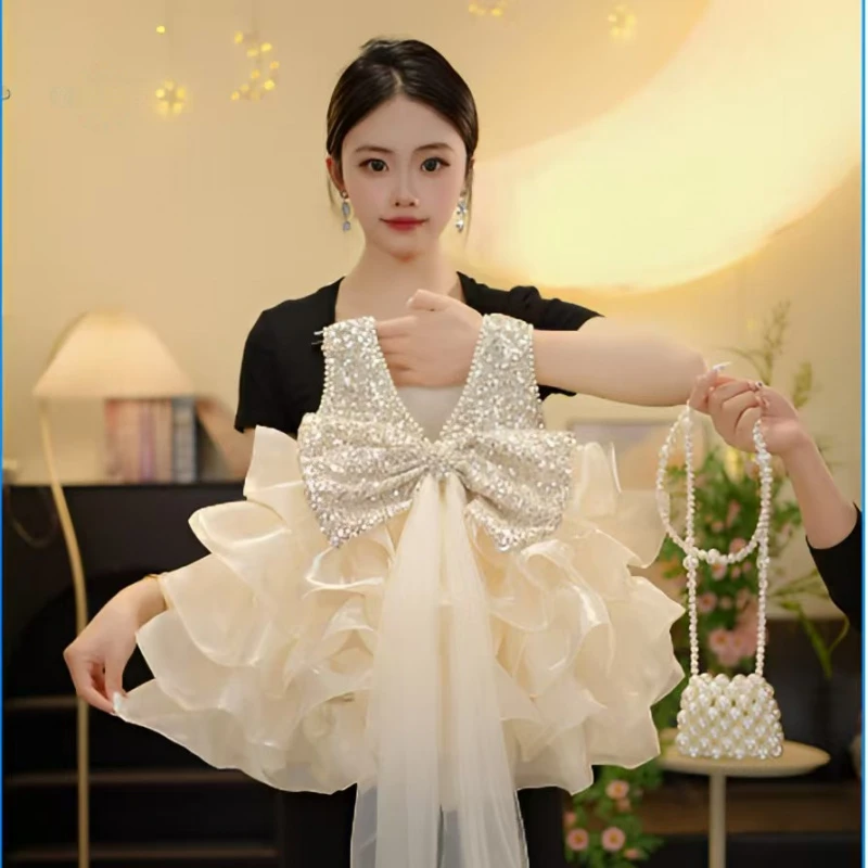 2025新款春季女童米色礼服裙甜美公主裙生日宴会演出服蓬蓬裙