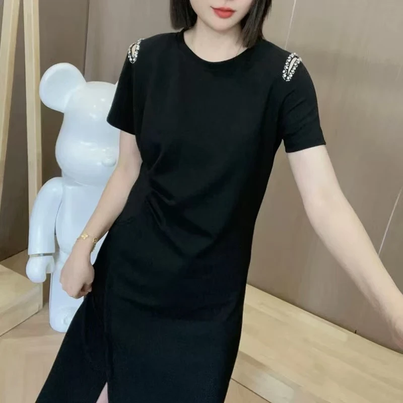 2025新款夏休闲韩版露肩定珠洋气开叉显瘦短袖连衣裙988