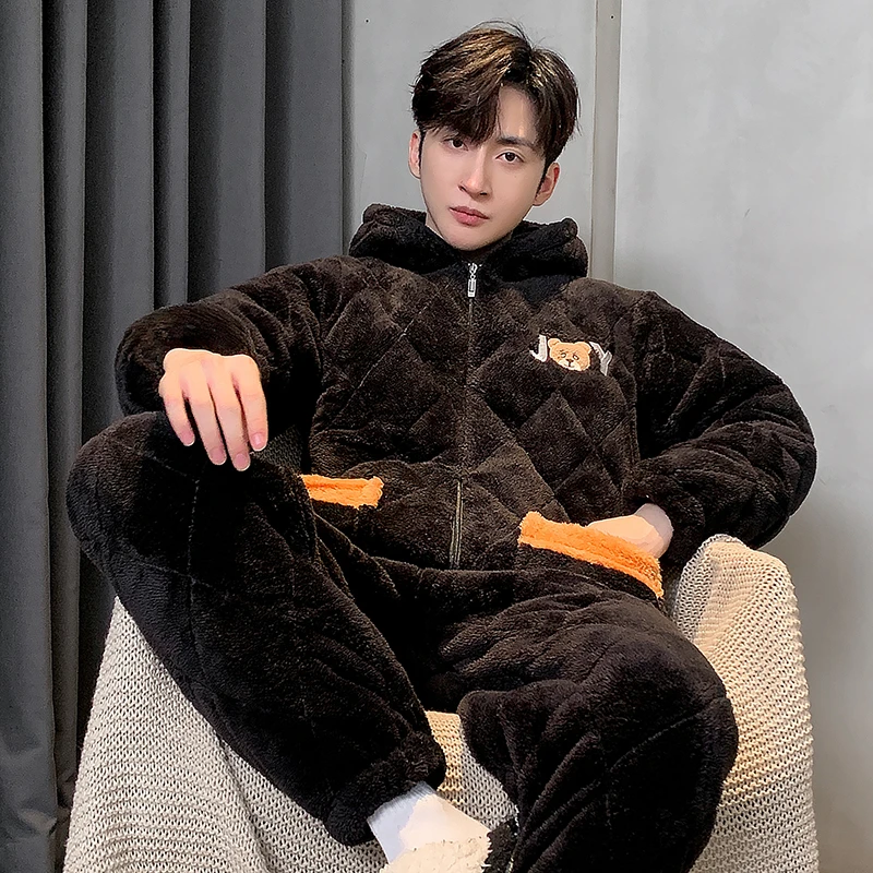 【高端丝绵-更保暖】男士三层夹棉睡衣冬季加绒加厚保暖家居服套装