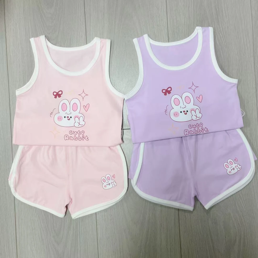 沐童儿童95棉夏季新款套装女童可爱背心短裤两件套 75632