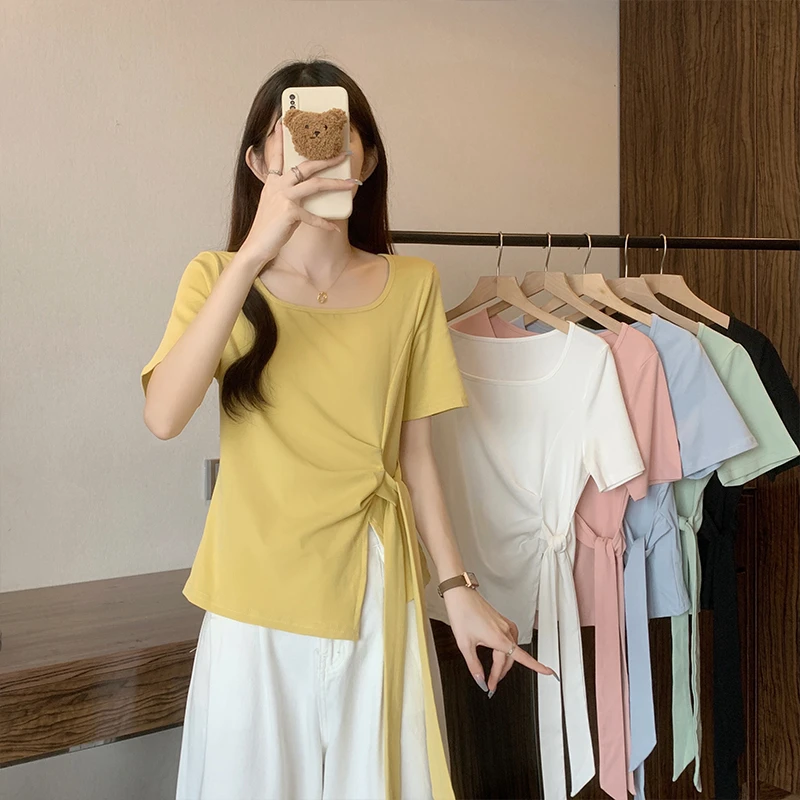 C大码女装不规则绑带别致短袖T恤夏装胖mm显瘦遮肚正肩修身上衣