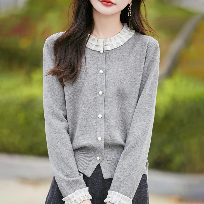 哥弟阿玛施正品2024新款女士花边领长袖羊毛开衫气质简约针织开衫