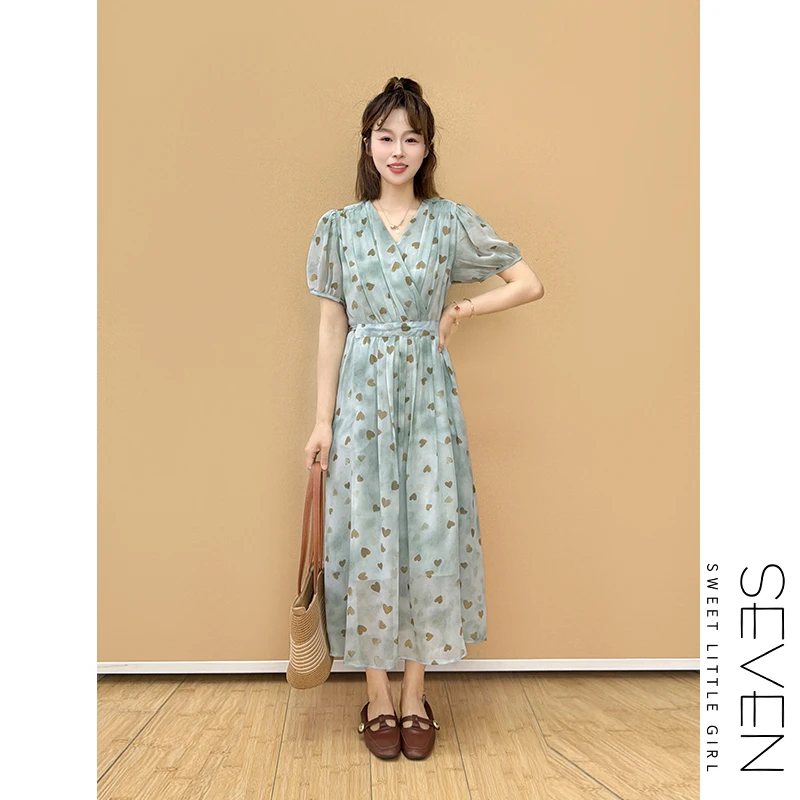208现货|爱心剪影⑧七七146小个子法式V领碎花连衣裙女夏小美说