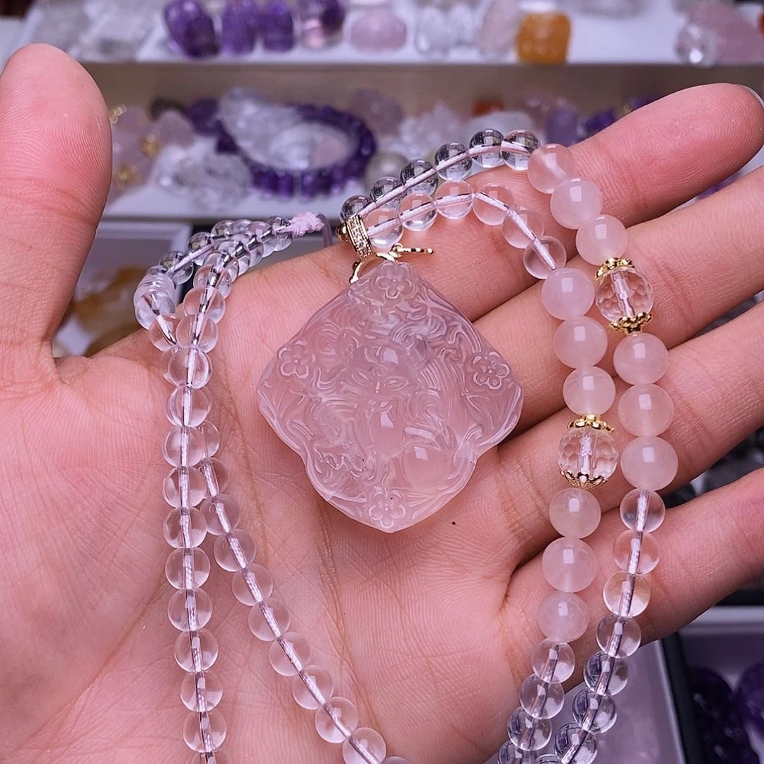 水晶颈饰未镶嵌粉水晶四方狐吊坠 送链子