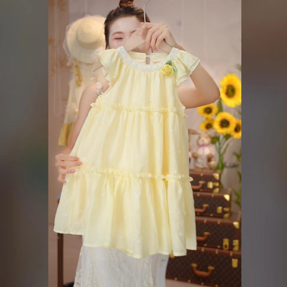 MOMOCO夏季新款女童黄色花朵洋气仙女时尚连衣裙77630478029