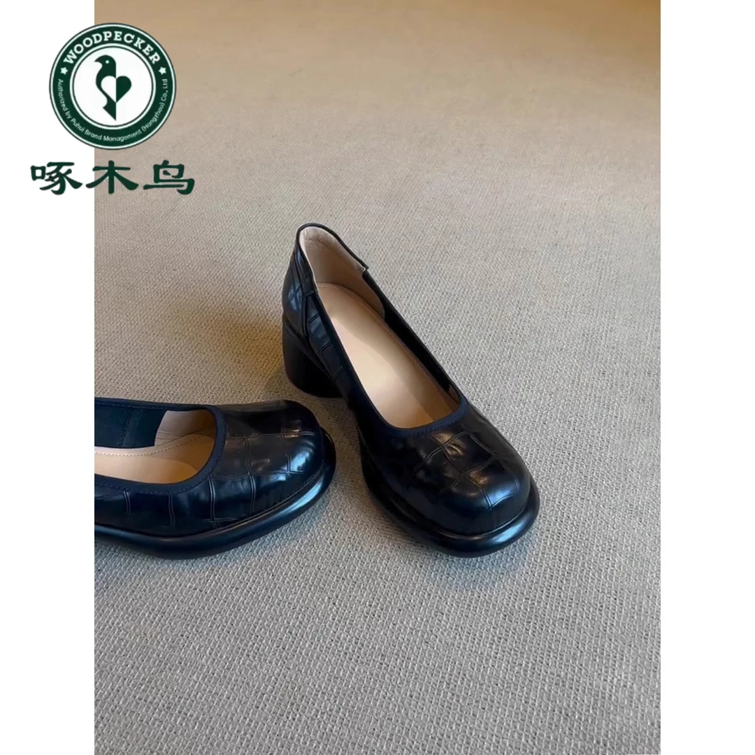 啄木鸟法式圆头高跟鞋女鞋通勤浅口粗跟单鞋气质一脚蹬玛丽珍鞋子