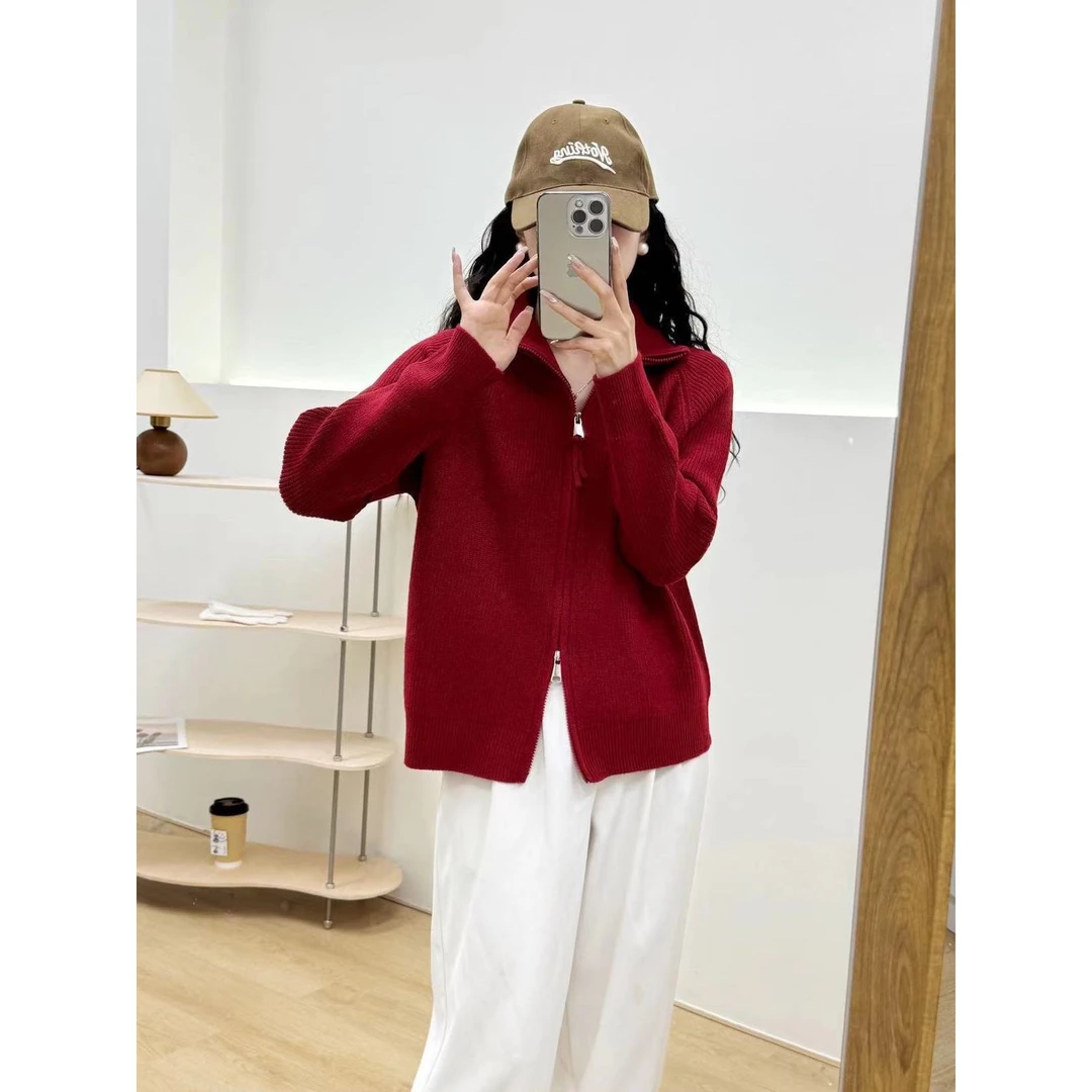 【娃娃专属】2024冬装新款宽松翻领厚毛衣外套秋冬长袖拉链针织开衫