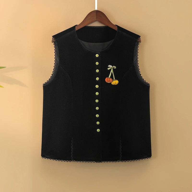 【晚瑶】夏季2025新款国风马甲女装新中式宽松圆领丝绒薄款上衣马夹