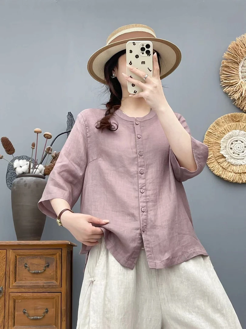 【小圆领 苎麻】夏季斜纹纯苎麻小V领设计衬衫女薄款百搭宽松6663