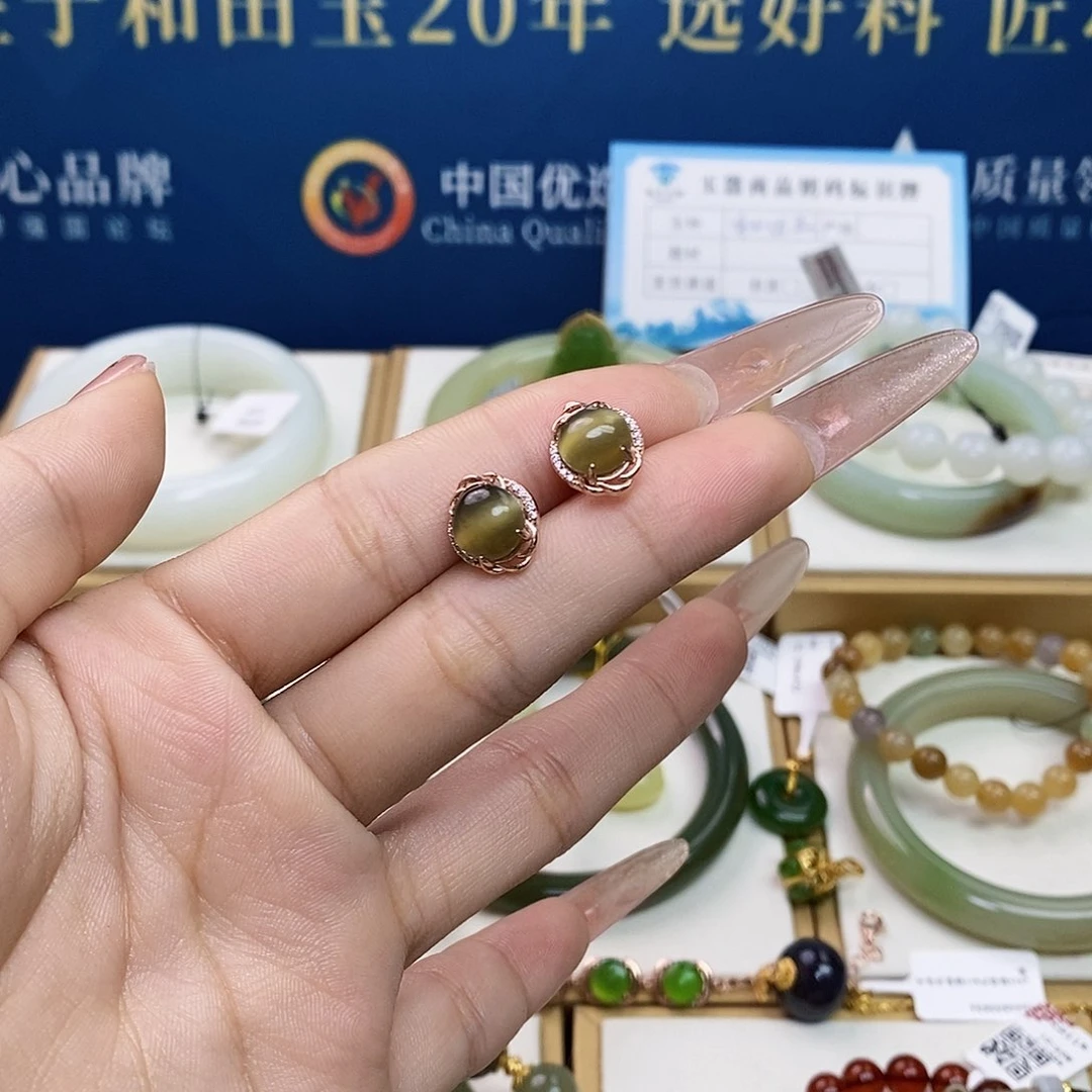 银S925镶嵌和田玉耳饰sj