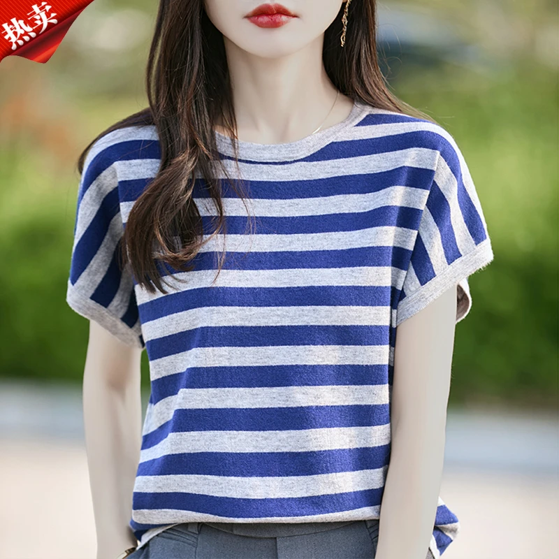 时尚品牌2025新款通勤简约百搭条纹针织衫夏季宽松薄款女装上衣