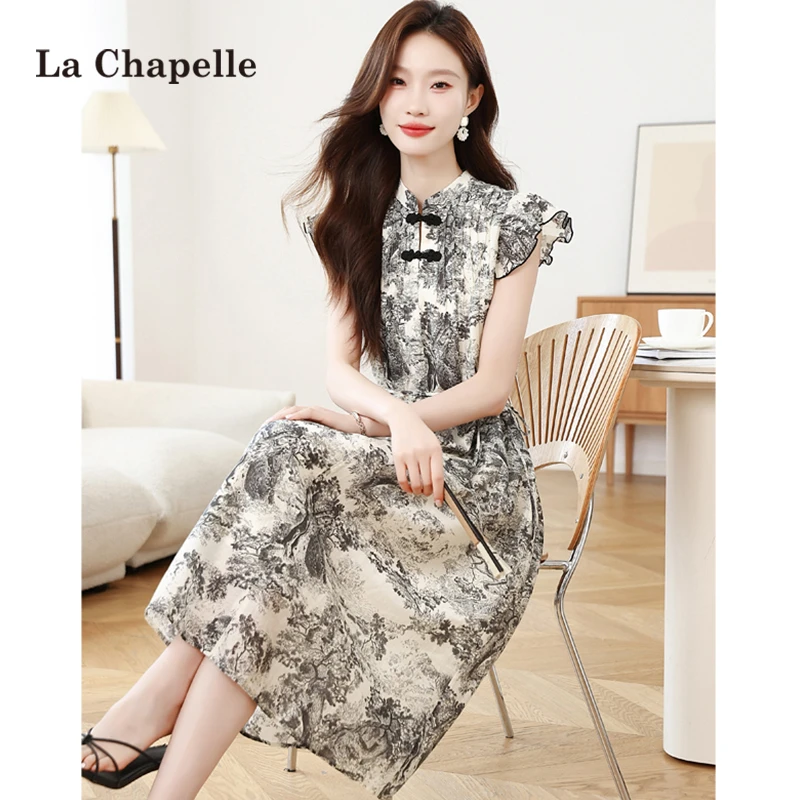 拉夏贝尔国风印花连衣裙女2025夏季新款小飞袖新中式旗袍连衣裙