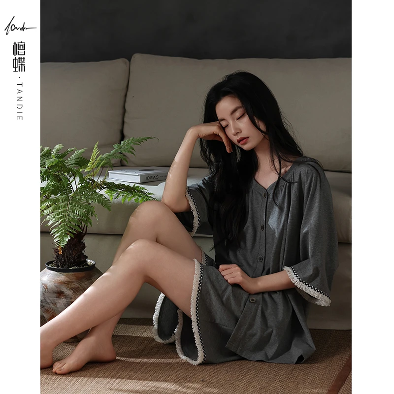 檀蝶2025年新款纯棉夏季短袖短裤女款睡衣家居服两件套可外穿套装
