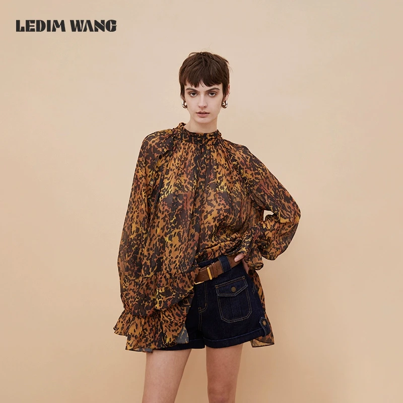 ledim wang豹纹印花衬衫女松弛感荷叶边透视薄款休闲宽松套头上衣
