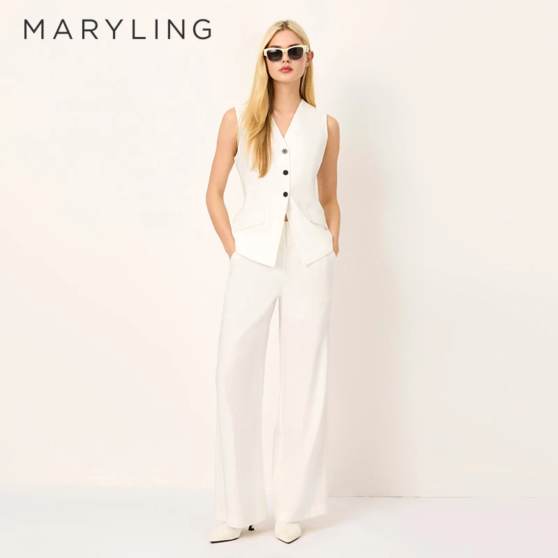 MARYLING玛俪琳初夏老钱风知性气质亚麻V领排扣马甲A1FCW28250