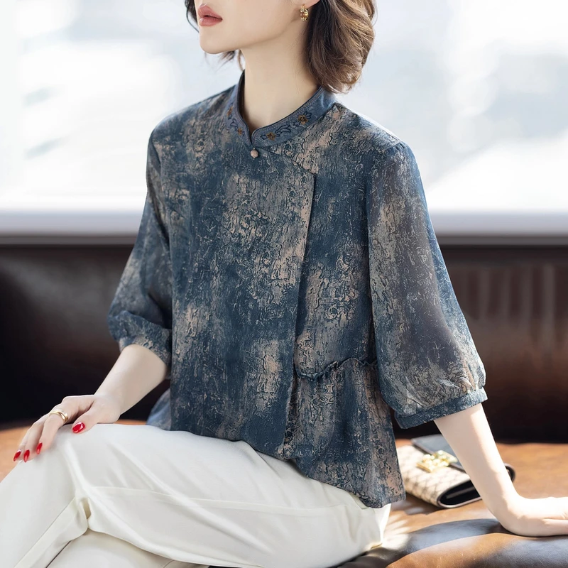 罗蒙妈妈夏装新款t恤端庄大气套装洋气质高贵小衫中老年女士上衣