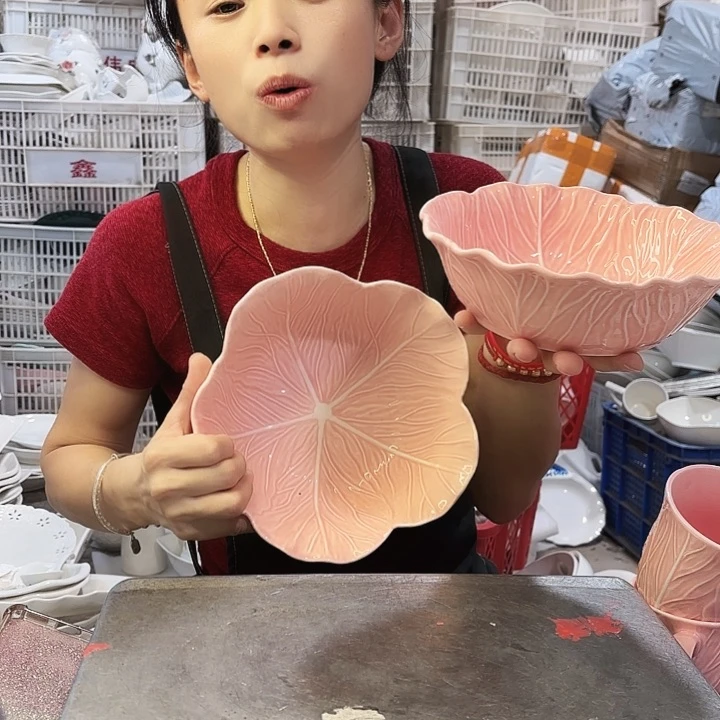 盘两个粉色白菜汤碗