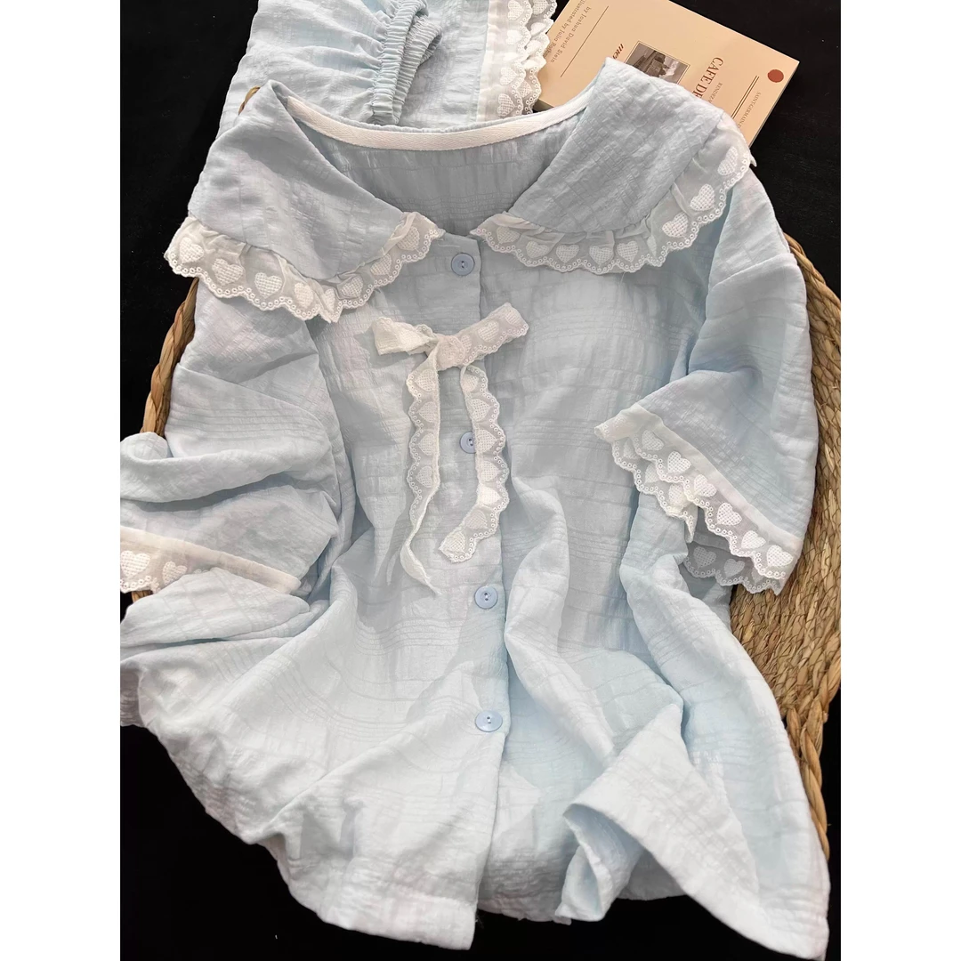 奶蓝色公主风短袖短裤睡衣女生夏季新款大码舒适家居服套装可外穿
