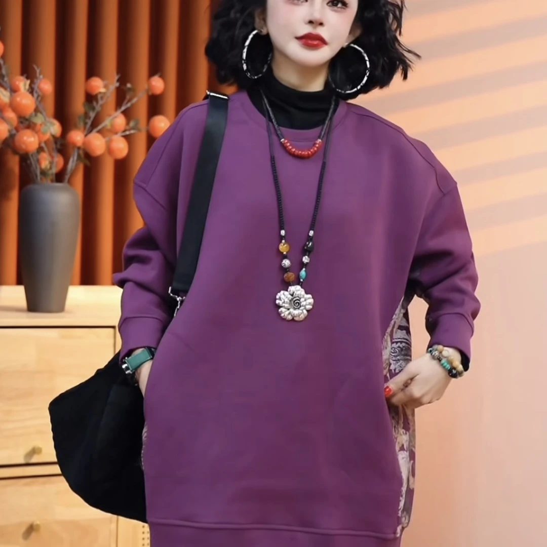 2024冬季新款印花国风复古百搭保暖大版圆领女款长袖卫衣25924