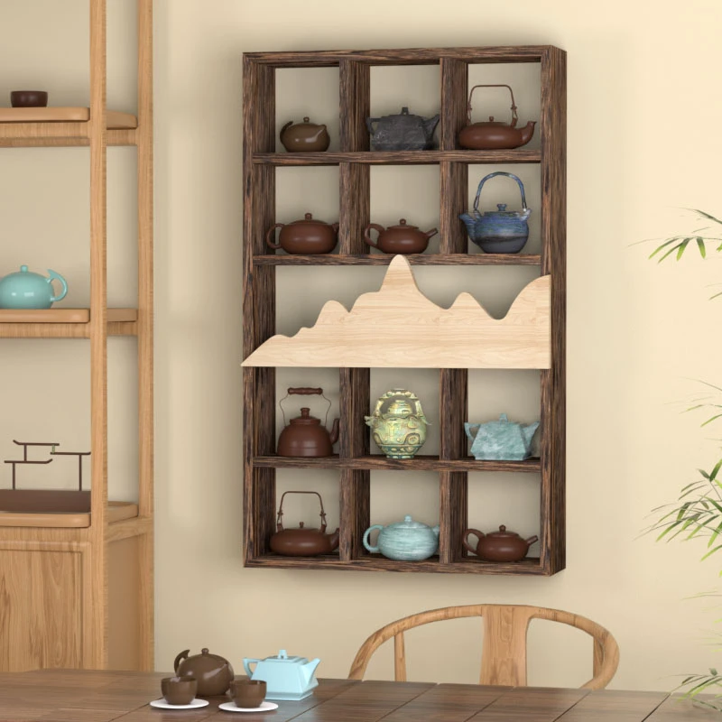 收尚多宝阁墙上格子架茶室茶壶茶具收纳架置物架展示架设计中式