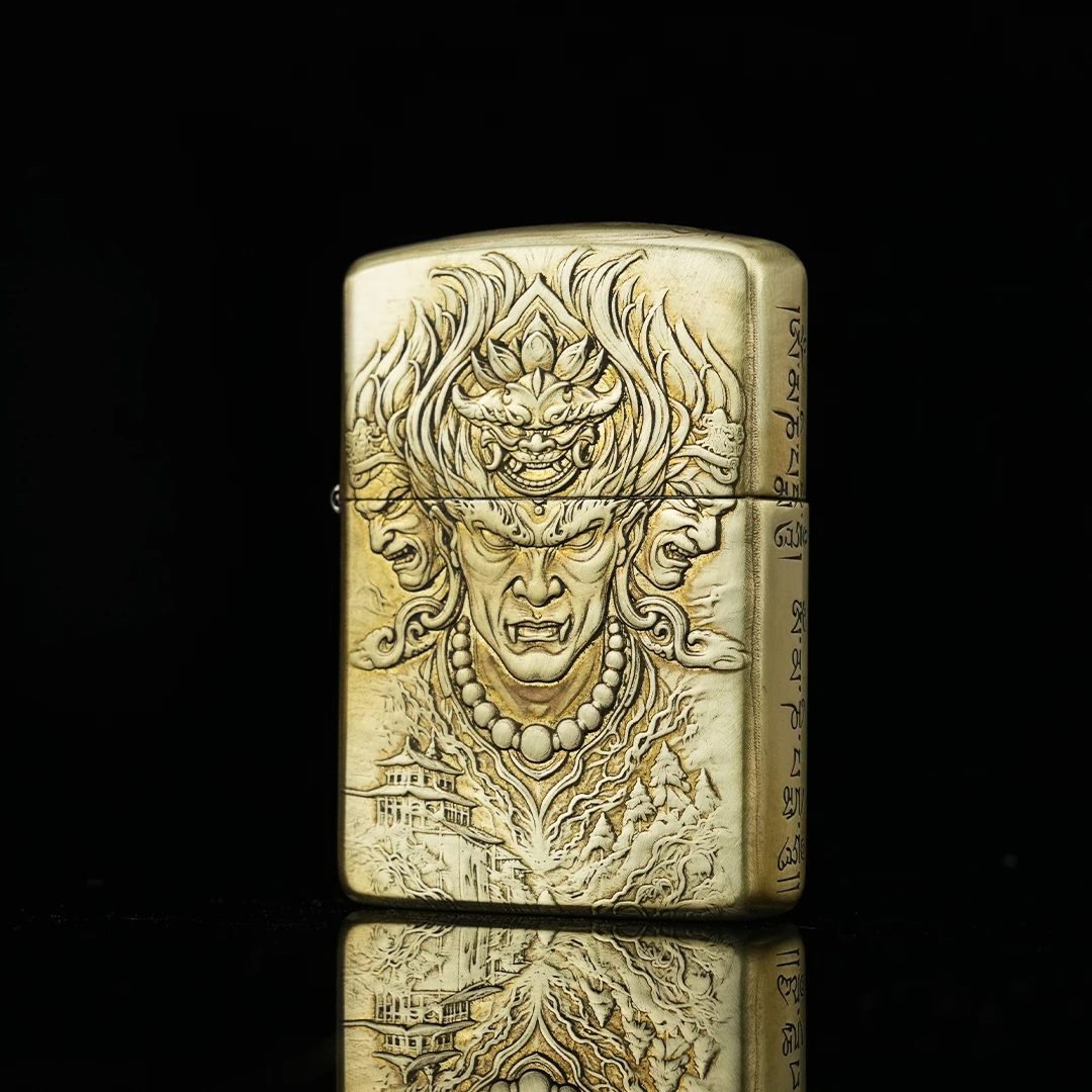 Zippo 金蝉子工作黄铜盔甲五面精雕 不动明王 煤油打火机收藏把玩