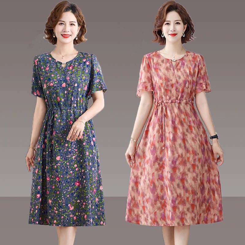 俞兆林中年妈妈雪纺连衣裙女气质短袖碎花裙中老中老年碎花雪纺裙
