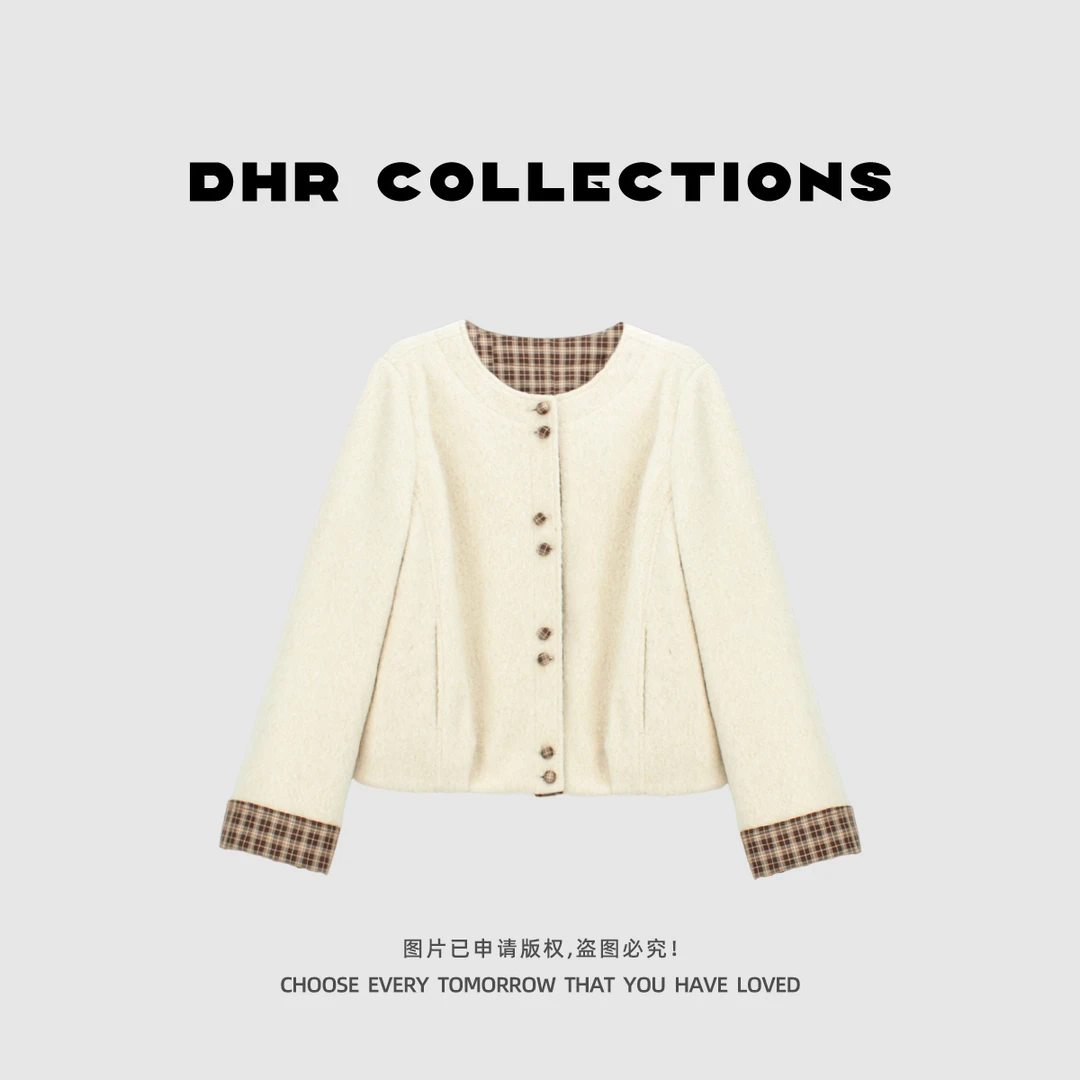 豆豆9【罗曼记忆】撞色格子厚款毛呢外套小香风高级感上衣-250W075