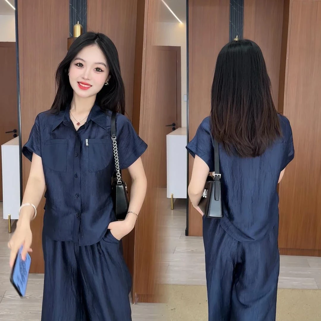 时尚气质套装女2025夏季显卡洋气显瘦设计感短袖衬衣阔腿裤两件套