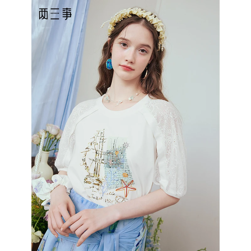 两三事绮帆启航2025夏季新款小清新蕾丝拼接插肩袖印花t恤女宽松