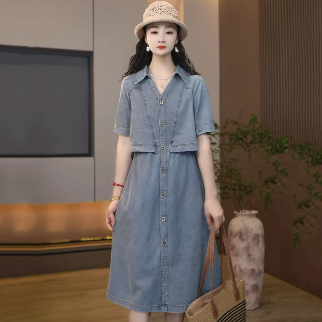 8883夏季连衣裙女宽松休闲时尚翻领假两件牛仔裙子女