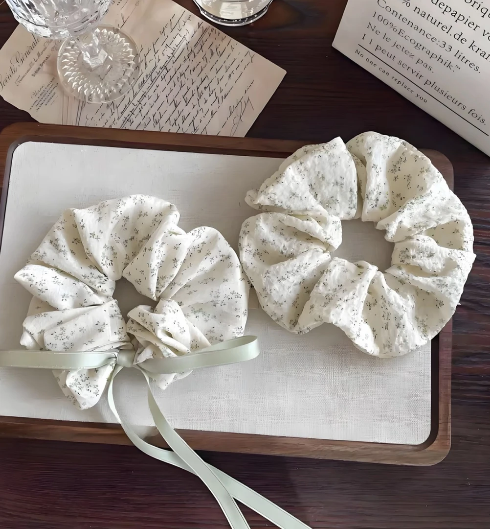 新款春夏豆沙绿色清新碎花大肠发圈纯棉蝴蝶结织带少女发绳头饰女