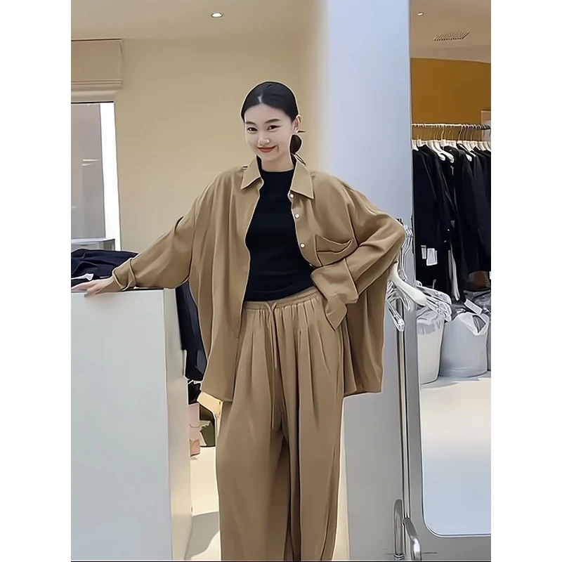 通勤气质百搭设计感复古宽松衬衫长袖上衣开衫高腰休闲阔腿裤长裤