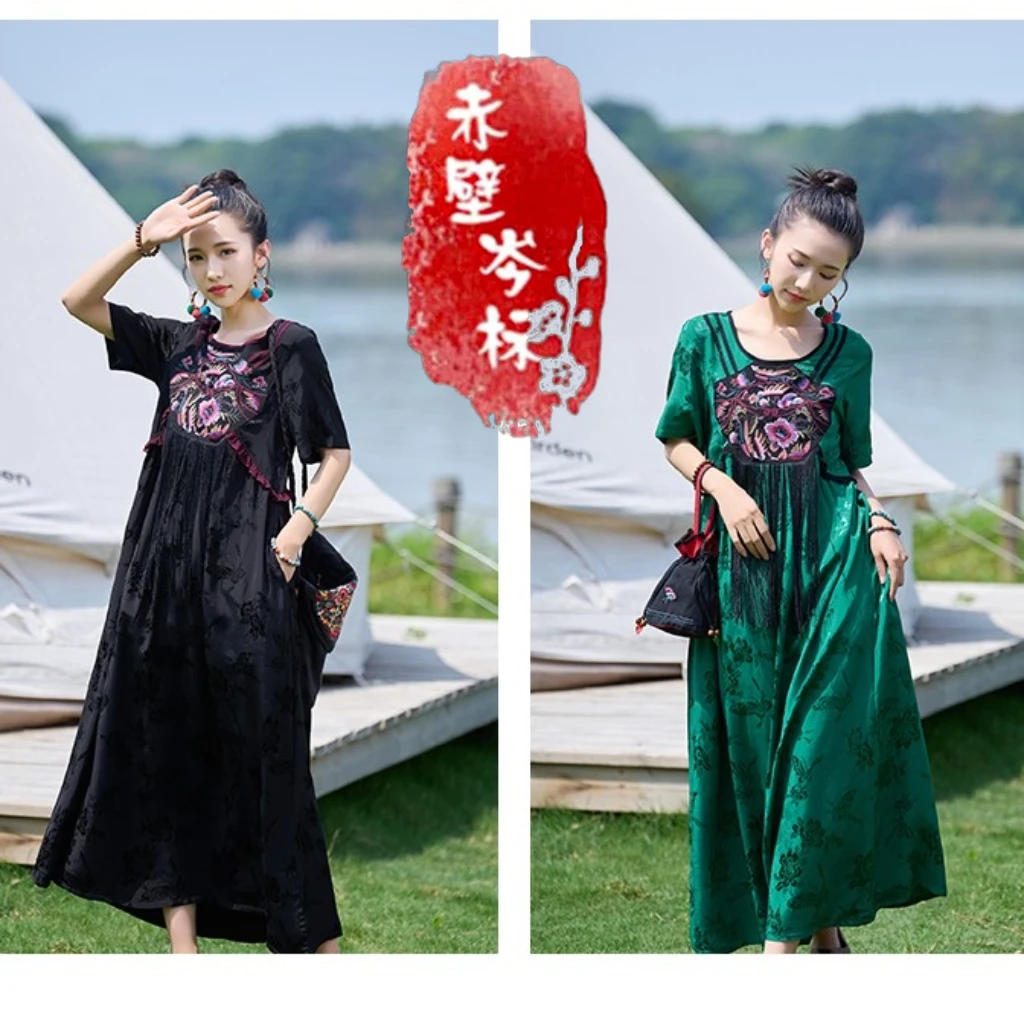 【照花】夏季女士重工刺绣提花缎面流苏修饰宽松连衣裙