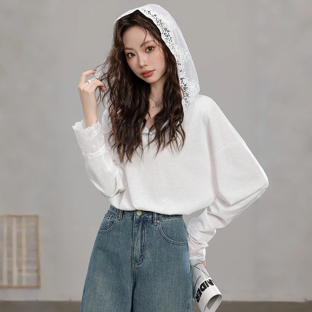 穿搭女装【落花为信】上衣设计感小众女2025年秋新时尚拼接连帽t恤