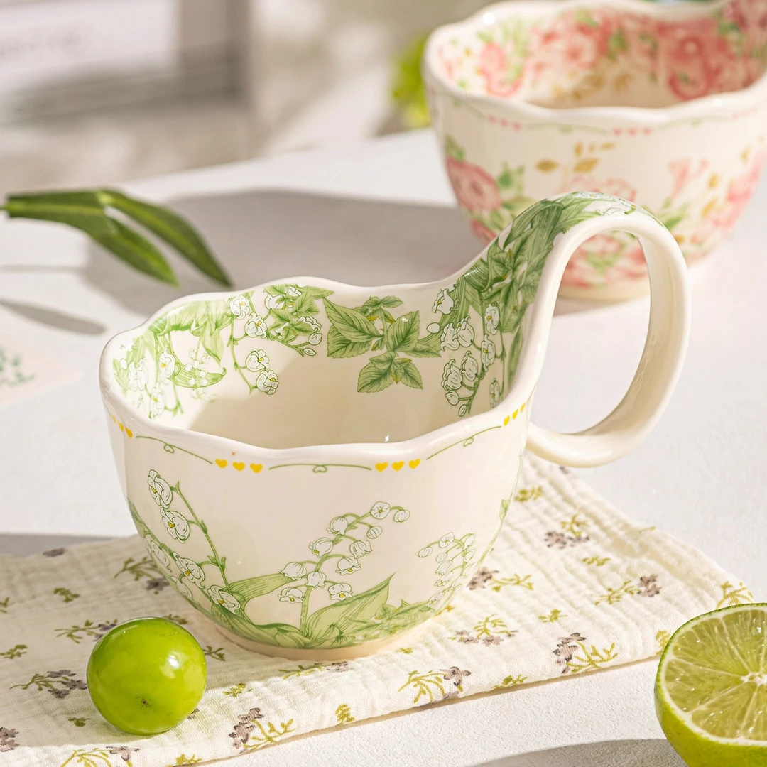 【花间时光曲把杯】小清新早餐燕麦杯大容量牛奶杯陶瓷法式