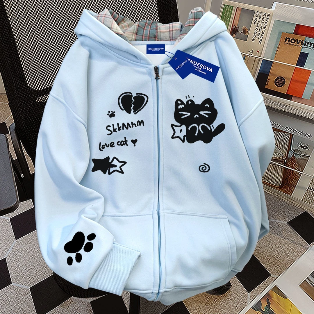 日系甜美可爱连帽卫衣女秋冬季加绒宽松简约格子拉链开衫外套ins