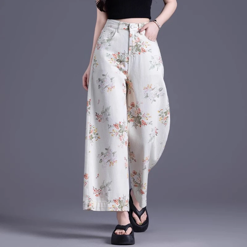 白色印花阔腿牛仔裤女2025新款夏季薄款女裤九分高腰碎花直筒裤子