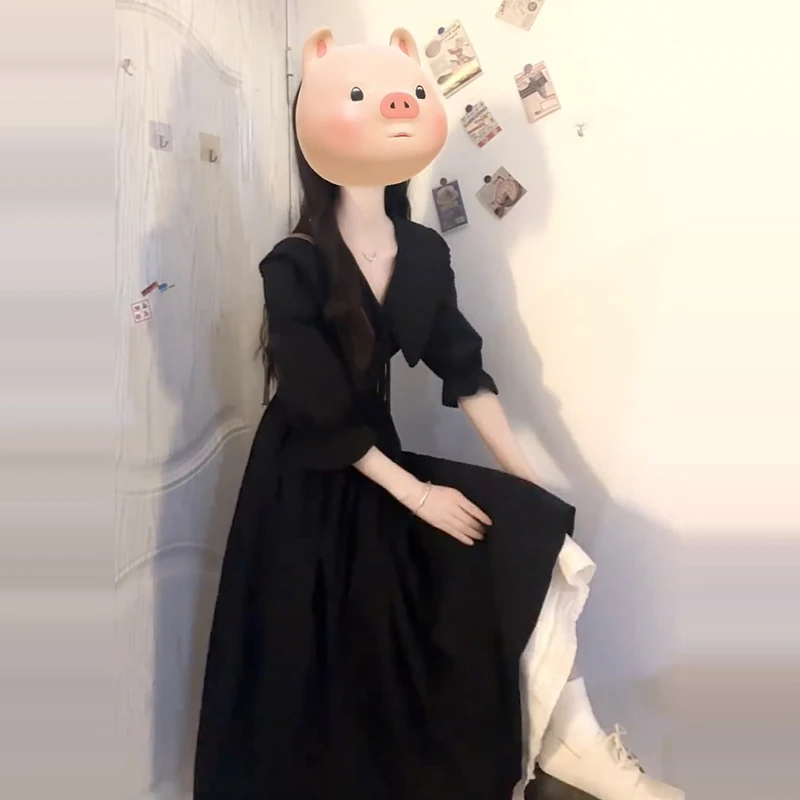 YM4716浅春季韩系小个子高级感气质长裙春秋新款黑色v领连衣裙女