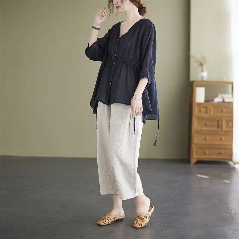 时尚洋气套装夏季新款大码宽松休闲显瘦衬衫女上衣九分裤两件套