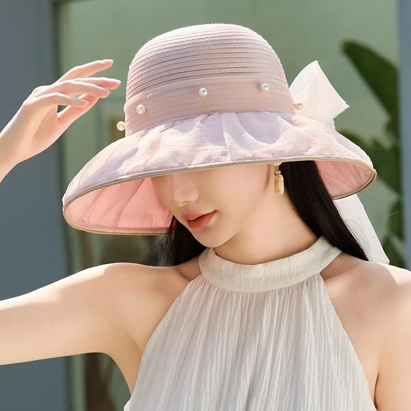 2025春夏季新款蝴蝶结网纱大檐防晒帽女欧根纱遮阳防紫外线渔夫帽
