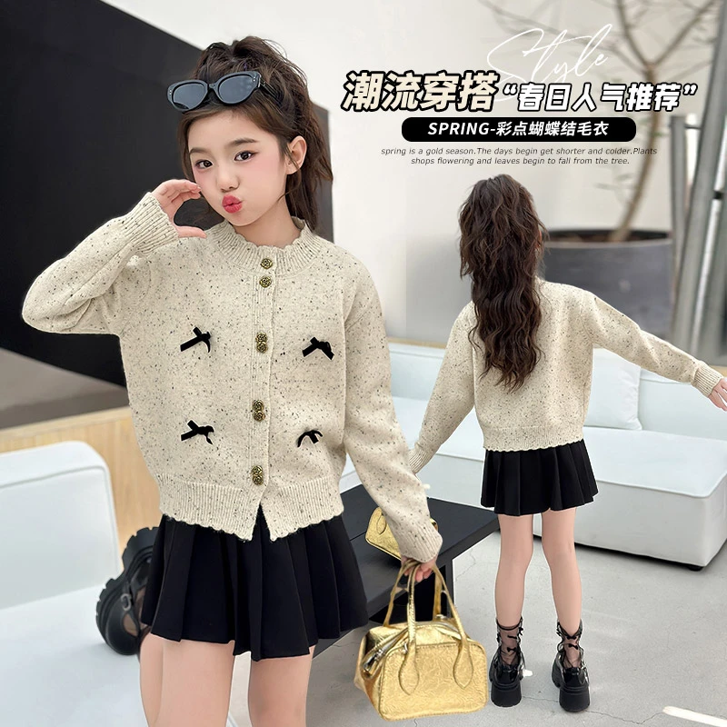 女孩儿童春季新款韩版圆领蝴蝶结针织开衫女温柔设计感毛洋气潮流