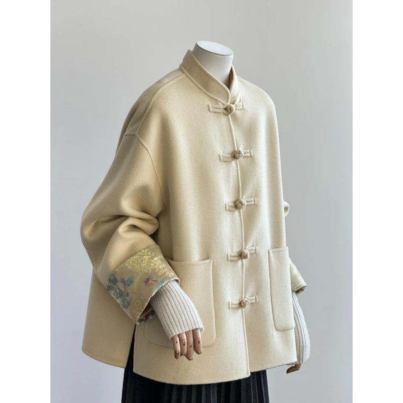 AY27春季新款国风双面新中式大衣女气质立领鹅黄色羊毛呢子短外套