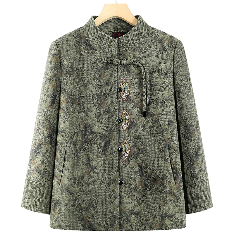 中老年人女装春秋新款长袖外套气质妈妈装绣花立领中式上衣奶奶装